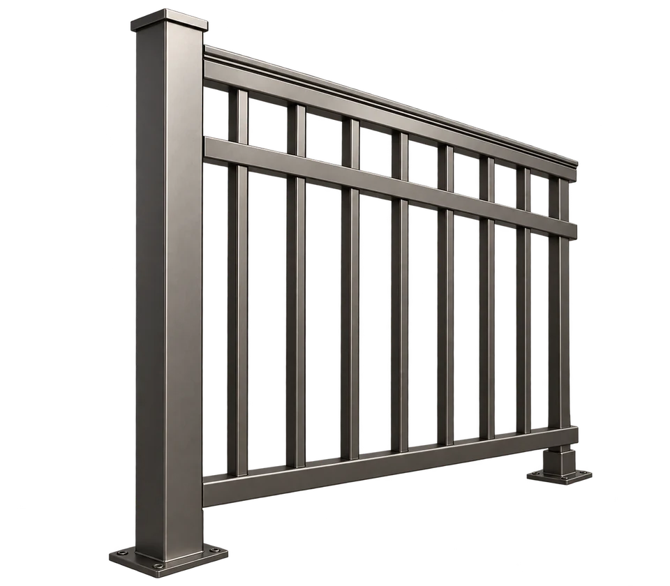 Designer railing panel with vertical bars and square end posts