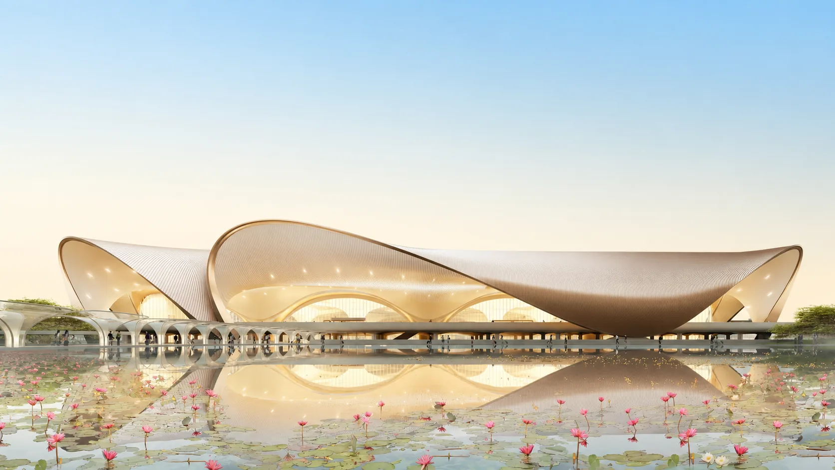 Mumbai International Airport terminal roof reflected in a lily pond at sunset