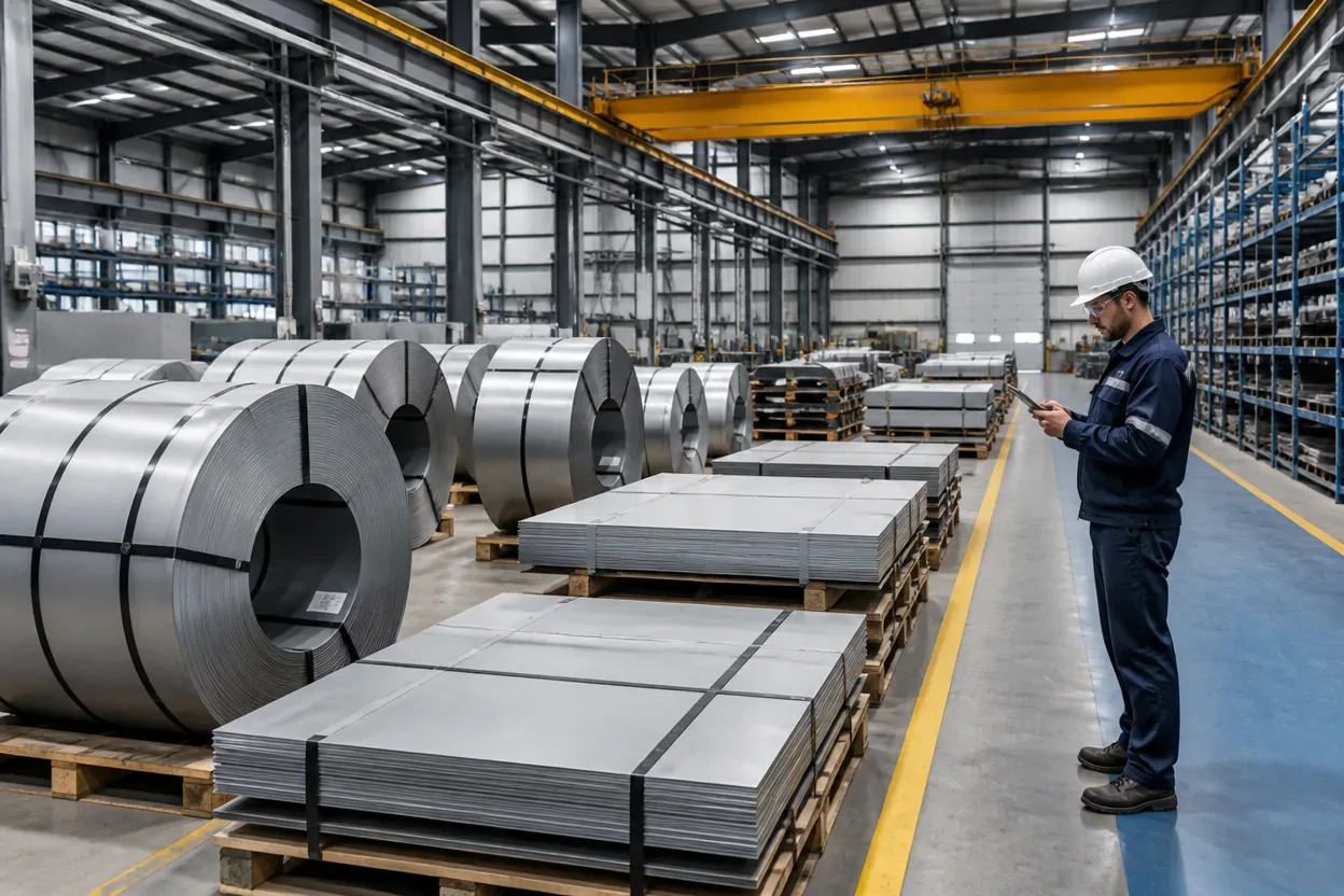 Inspector checking steel coils in a mill warehouse