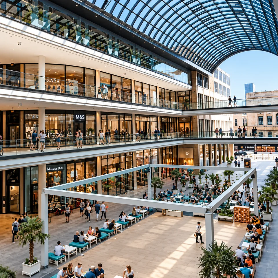 Multi-level mall atrium at DLF Promenade with glass balustrades